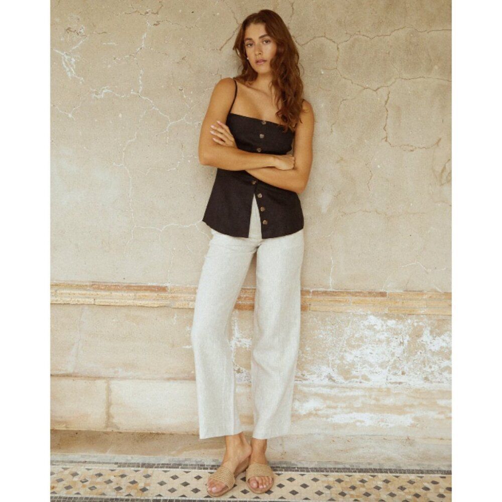 CAARA white 100% linen straight tapered leg sheer lightweight high rise pants